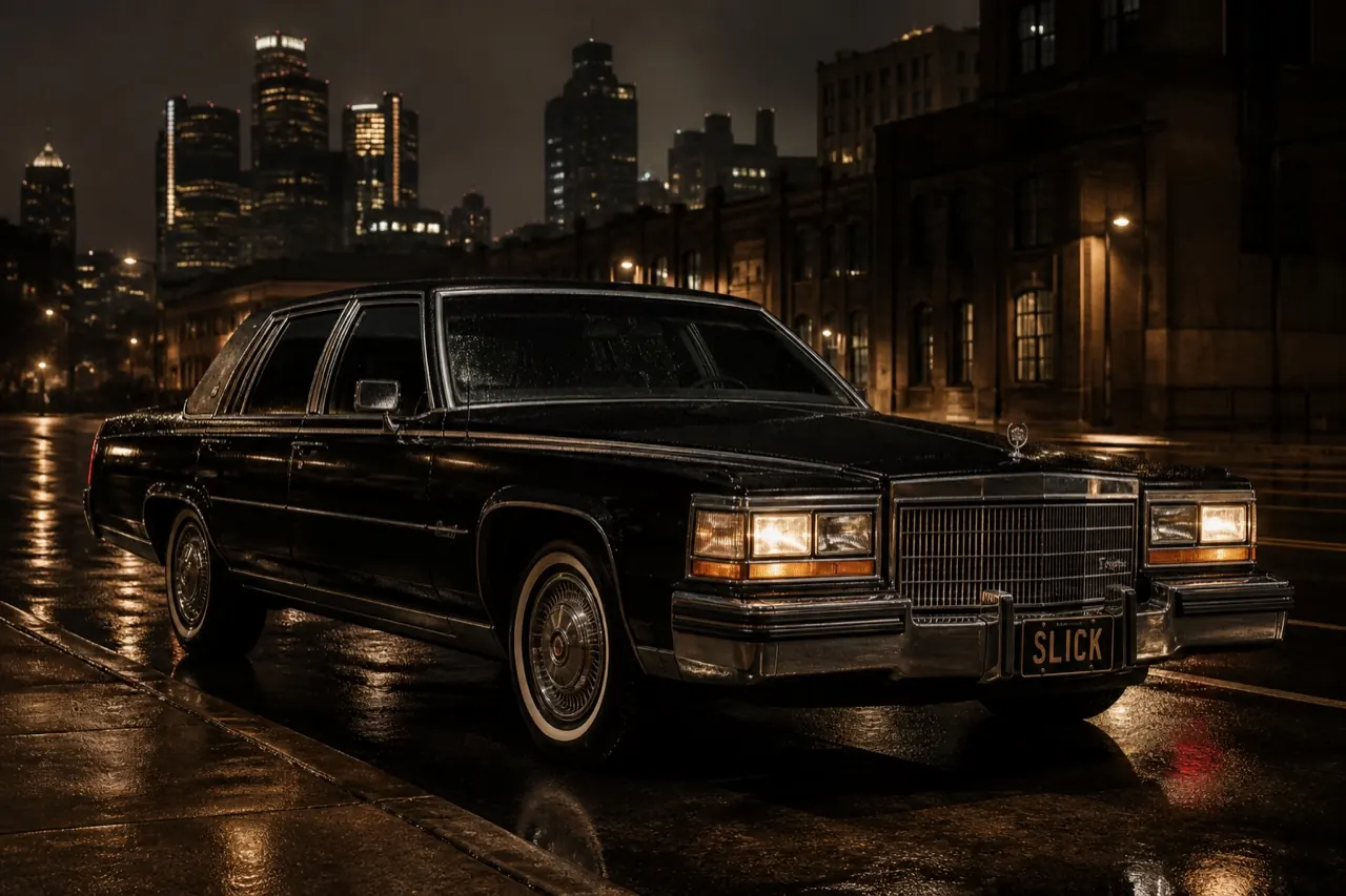 Black 1985 Cadillac Fleetwood Brougham d'Elegance on a Detroit night street